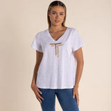 Two-T's | Logo Sequin V-Neck Shirt ~ White